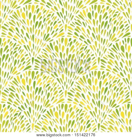 Fountains of green blobs. Seamless background. Repeatable decorative pattern. Green leaves tracery. Vector illustration.