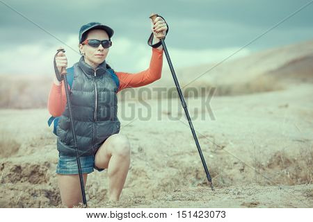 Hiking and leisure theme. Adventure people on hike hiking in nature