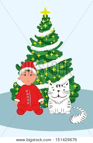 Santa toodler boy vith cat under decorated Christmas tree, Vector Illustration.