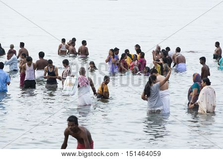 Rameswaram, Tamil Nadu, India - May 25, 2014. Full report about Rameswaram pilgrimage, religion. Religious city rituals. Bath in sea before going temple
