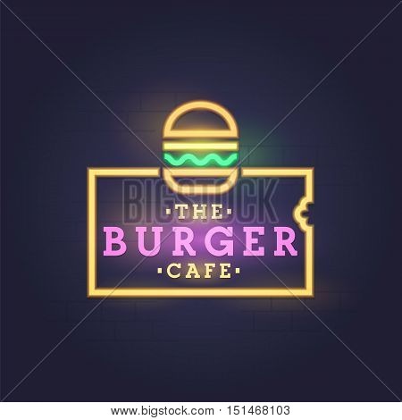 Burger neon sign, bright signboard, light banner. Burger logo, emblem