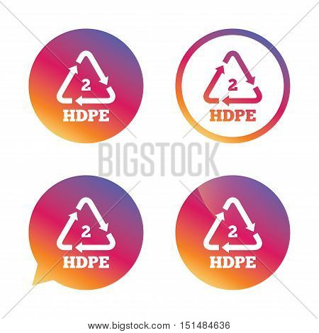 Pe-hd 2 icon. Polyethylene high-density sign. Recycling symbol. Gradient buttons with flat icon. Speech bubble sign. Vector