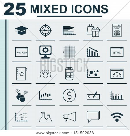 Set Of 25 Universal Icons On Calculation, Money Trasnfer, Coding And More Topics. Vector Icon Set Including Announcement, Comparsion, Website And Other Icons.