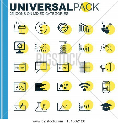 Set Of 25 Universal Icons On Cooperation, Calculation, Coding And More Topics. Vector Icon Set Including Money Trasnfer, SEO Brainstorm, Announcement And Other Icons.