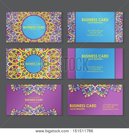 Business card templates set with beautiful ethnic motif. Two sides. Vector illustration. Blue and purple colores