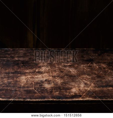 Empty wooden table for product montage display with copyspace. Natural Dark Wooden Background Wood board backdrop