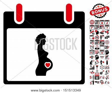 Pregnant Woman Calendar Day pictograph with bonus calendar and time management icon set. Vector illustration style is flat iconic symbols, intensive red and black, white background.
