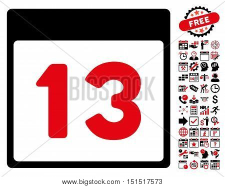 Thirteenth Calendar Page pictograph with bonus calendar and time management symbols. Vector illustration style is flat iconic symbols, intensive red and black, white background.
