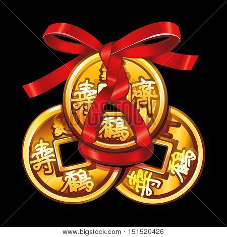 Vector Chinese coin tied with red ribbon. A square within a circle of ancient Chinese coins.  Set talismans Fung Shui.