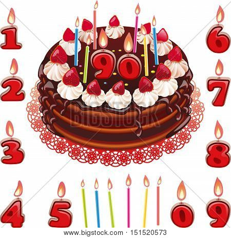 Vector Birthday chocolate cake with strawberries and candles. A set of candles from 0 to 9.