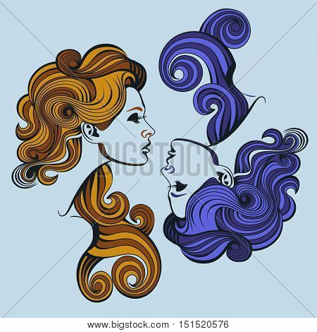 Profile girls with curly hair. Vector line drawing