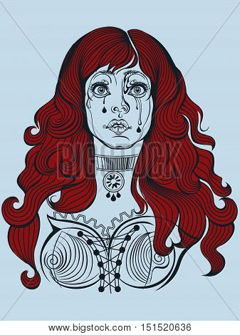 Cartoon crying girl. Vector pencil line drawing