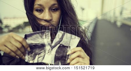 African Woman Sadness Listening Music Tearing Photo Breakup Concept