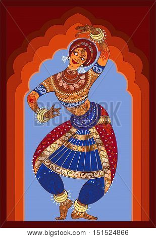Young Indian dances national dance. She is dressed in national costume with wide pants, her arms adorned with bracelets.