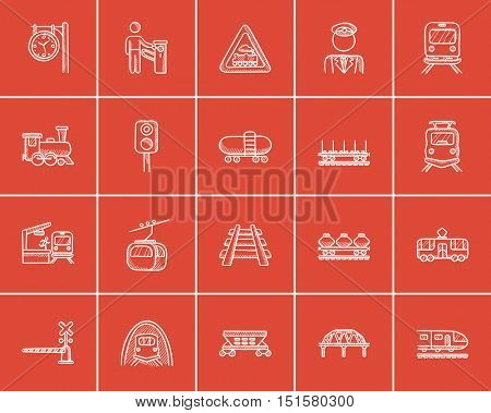 Transportation sketch icon set for web, mobile and infographics. Hand drawn transportation icon set. Transportation vector icon set. Transportation icon set isolated on red background.