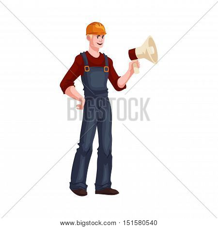 Full length portrait of young and handsome foreman with a loudspeaker, cartoon style vector illustration isolated on white background. Foreman in orange helmet and blue overalls holding a lodspeaker