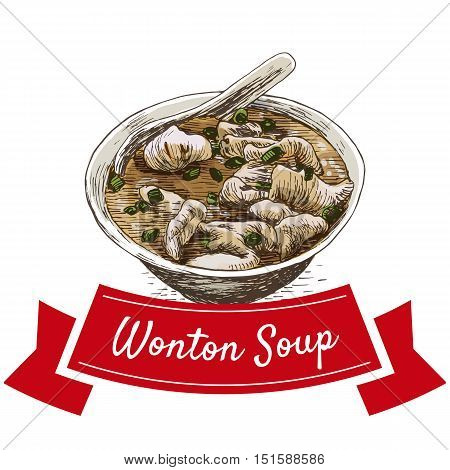 Wonton soup colorful illustration. Vector illustration of Chinese cuisine.