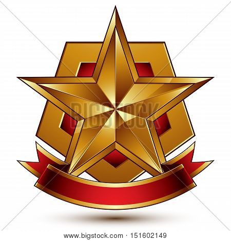3d golden heraldic blazon with red filling and glossy pentagonal star best for web and graphic design