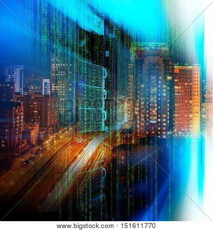 matrix code Blade server is close-up with motiom and blur double exposure night city confusion