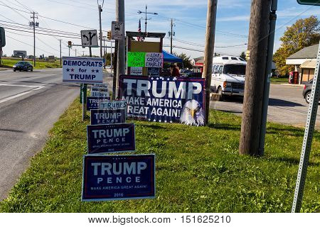 Ronks PA USA - October 11 2016: Trump campaign signs offered for sale by a vendor along busy Route 30 in Lancaster County.