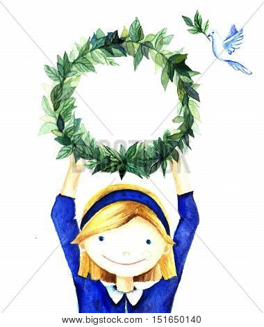 Pretty cute smiling little girl holding a circle wreath frame of branches with leaves. Watercolor charity illustration for banners, greeting cards, website, broshure.
