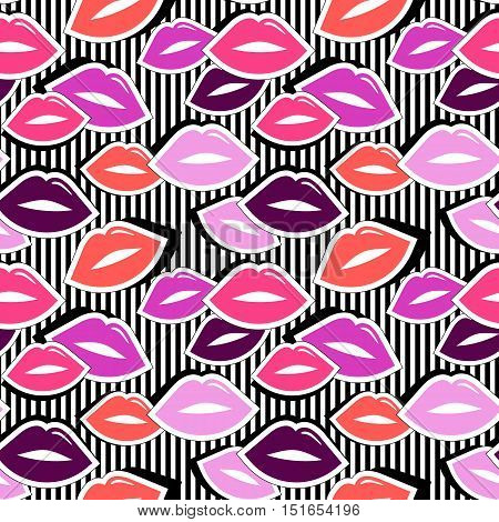 Vector illustration with lips stickers in cartoon 80s-90s comic style. Seamless pattern with colorful badge shape lips on black striped background.