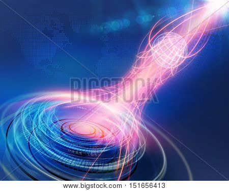 Global Connectivity Background through the Whole World Connecting Networking; Data Transferring Multiple Circles and Lines Moving Fast Around the Grid Earth Globe in Front of Blue Background with Lens Flare.