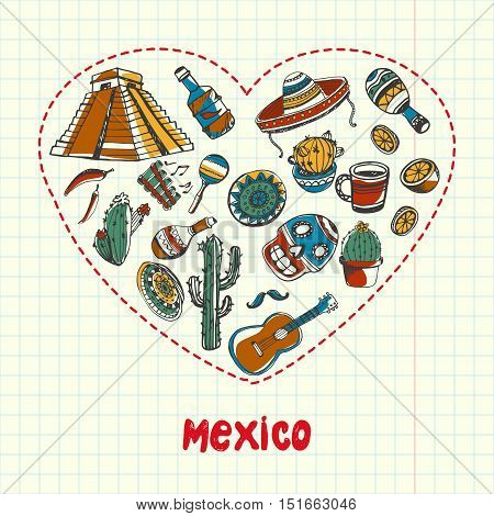 Mexican associated symbols. Mexican national and cultural related and sketches with pen Mexican ethnic elements. Latin America concept sketches and Mexican background sign. Mexican vector doodle. Mexican art. Sombrero, tequila, Mayan pyramid, guitar.
