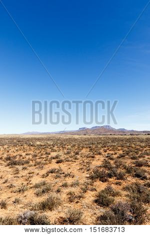 Portrait - Barren Field With Mountains And Blue Sky
