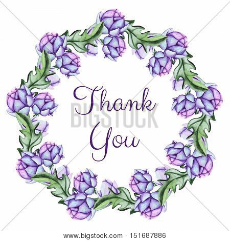 Wreath with Watercolor Lilac Buds Green Leaves and Words Thank You