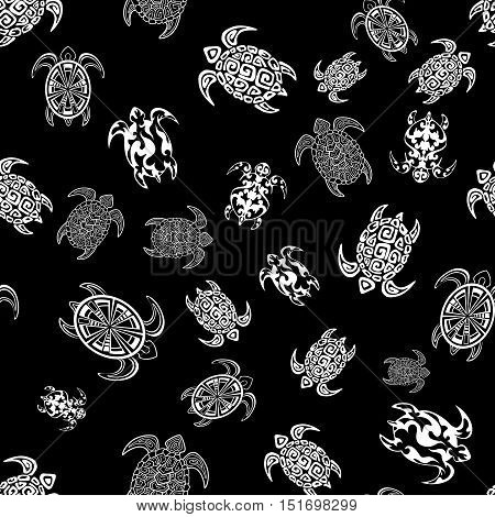 White turtles on the black background. Seamless pattern. Can be used for wallpaper fabric wrapping paper