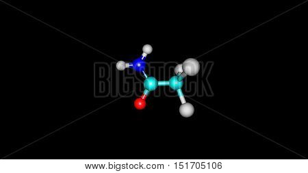 Trichloroethanamide molecule on black background. 3d illustration of molecule. Horizontal