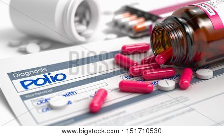 Polio Text in Disease Extract. CloseUp View of Medicine Concept. Polio - Handwritten Diagnosis in the Anamnesis. Medicine Concept with Heap of Pills, Close View, Selective Focus. 3D Illustration.