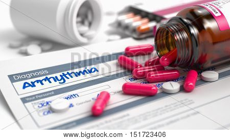 Arrhythmia Text in Anamnesis. Close Up View of Medical Concept. Arrhythmia - Handwritten Diagnosis in the Anamnesis. Medical Concept with Heap of Pills, CloseUp View, Selective Focus. 3D.
