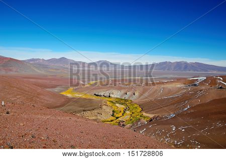Panoramic view  over a green and yellow river between brown sandy hills on the way to Laguna Verde close to Copiapo in Chile, South America