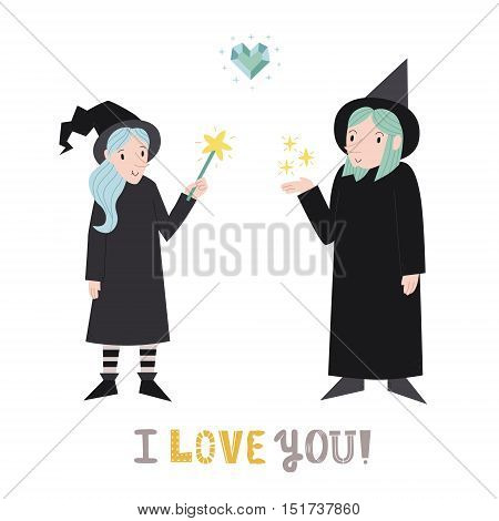 Witch and wizard cute couple with heart vector illustration. I love you! greeting card.