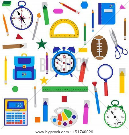 School objects seamless background. Vector illustration of education supplies on white.