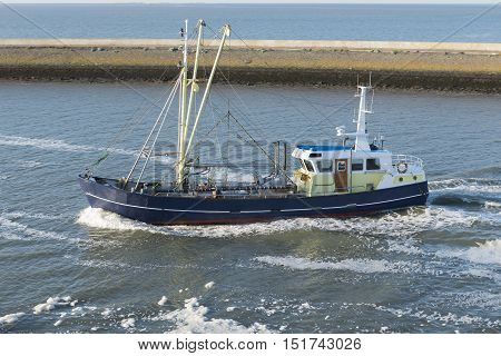 Fishing boat entering the fishing port of Harlingen from the UNESCO protected Wadden Sea in the Netherlands