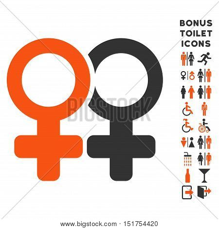 Lesbian Pair icon and bonus gentleman and female restroom symbols. Vector illustration style is flat iconic bicolor symbols, orange and gray colors, white background.