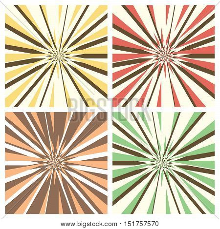 Set of abstract radial sunburst backgrounds. Retro style circular light rays scattered behind. Starburst pattern with radially placed beams. Vector eps8 illustration in different colors.