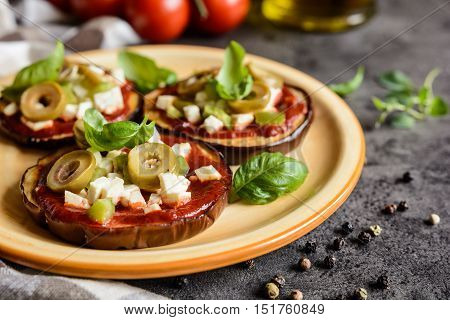 Eggplant Pizzas With Tomato Sauce, Cheese, Pepper And Olives