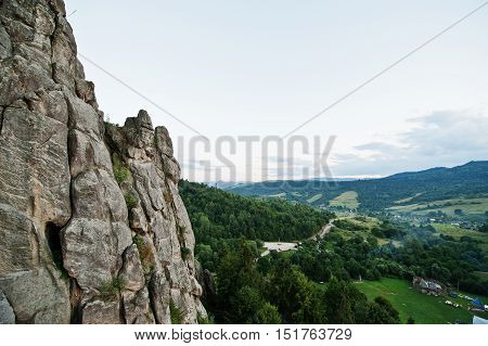 Tustan Fortress Ruins Of Rocks At Carpathian Ukraine. View On Camping Village