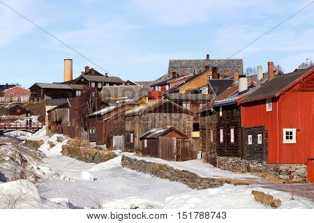 View of the old mining town Roros in Norway durimg the end of the winter season.
