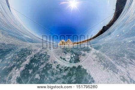 Spherical Panorama Shaman Rock Or Cape Burhan On Olkhon Island In Winter, Surrounded By The Blue Ice