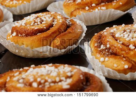 Close-up of cinnamon buns in tins of greaseproof paper on a baking tray.