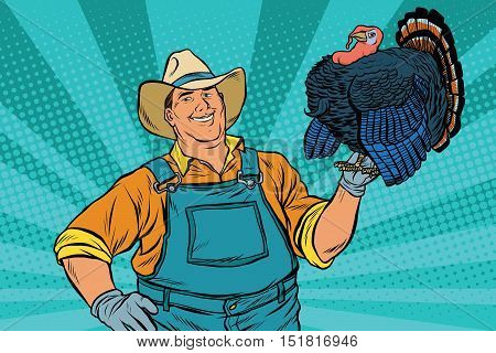 Rural retro farmer with a beautiful living Turkey, pop art vector illustration. Seasonal holiday thanksgiving. Farm bird