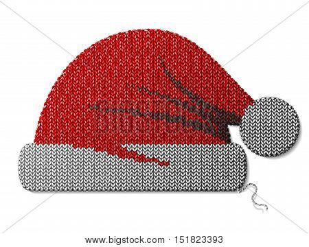 Santa Claus hat of knitted fabric isolated on white. Fragment of knitting in shape of red christmas hat. Vector image for christmas new years day decoration winter holiday costume silvester etc