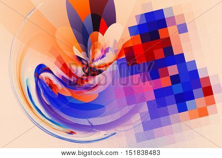 Colored squares and curves curved lines form a beautiful pattern.