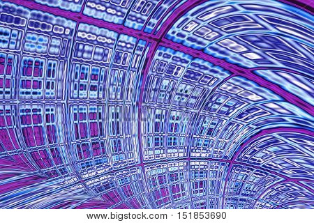 Abstract technology background - computer- generated image. Fractal geometry: distorted curved surface with cells of different sizes like a wall of a futuristic tunnel. For covers, posters, web design