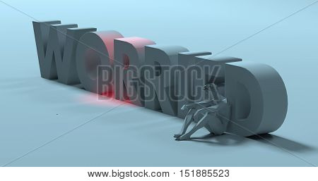 Troubled sad man sitting next to Worried text sign 3d render illustration